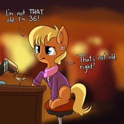 Size: 1280x1280 | Tagged: safe, artist:tjpones, derpibooru import, ms. harshwhinny, earth pony, pony, alcohol, barstool, clothes, dialogue, female, food, mare, martini, missing cutie mark, offscreen character, open mouth, sitting, solo focus, stool