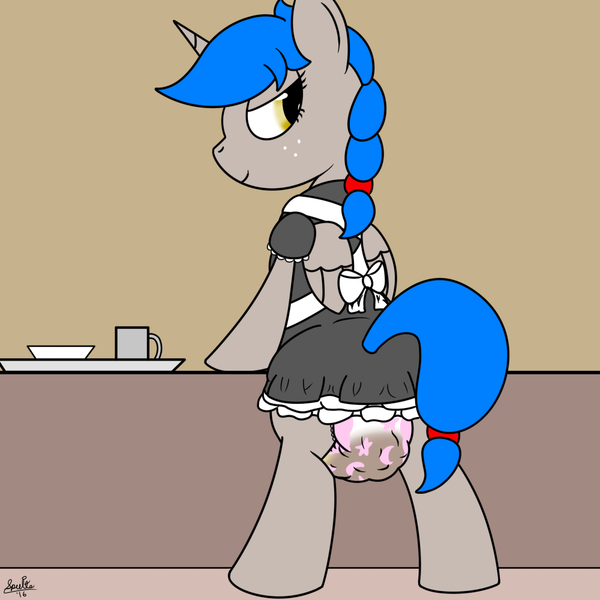 Size: 1000x1000 | Tagged: artist:spritepony, clothes, derpibooru import, diaper, diaper fetish, maid, messy diaper, oc, oc:sprite, poop, poopy diaper, questionable, scat, skirt, solo, sprite's ponyville house, unofficial characters only, upskirt, urine, wet diaper