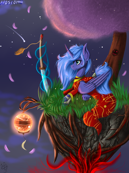 Size: 3500x4666 | Tagged: absurd resolution, artist:apostolllll, clothes, derpibooru import, dress, katana, lantern, night, paper lantern, petals, princess luna, prone, s1 luna, safe, solo, sword, tail wrap, tree, unshorn fetlocks, weapon