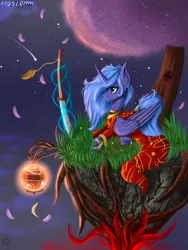 Size: 3500x4666 | Tagged: absurd resolution, artist:apostolllll, clothes, derpibooru import, dress, katana, lantern, night, paper lantern, petals, princess luna, prone, s1 luna, safe, solo, sword, tail wrap, tree, unshorn fetlocks, weapon