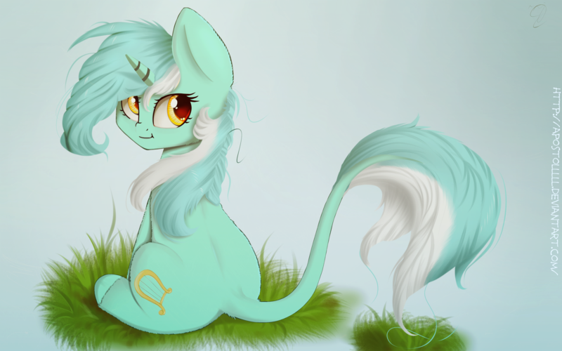 Size: 2529x1581 | Tagged: safe, artist:apostolllll, derpibooru import, lyra heartstrings, classical unicorn, fluffy, :i, leonine tail, looking back, sitting, solo, unshorn fetlocks