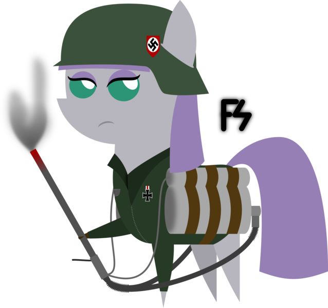 Size: 5500x5170 | Tagged: absurd resolution, artist:facelesssoles, derpibooru import, flamethrower, flammenwerfer, maud pie, nazi, pointy ponies, safe, solo, swastika, weapon