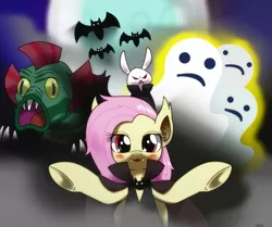 Size: 1560x1305 | Tagged: safe, artist:hoyeechun, derpibooru import, angel bunny, fluttershy, harry, bat pony, ghost, pony, scare master, clothes, flutterbat, flutterbat costume, harry the swamp monster