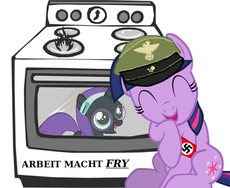 Size: 856x700 | Tagged: semi-grimdark, deleted from derpibooru, derpibooru import, twilight sparkle, oc, oc:nyx, alicorn, pony, unicorn, /mlp/, 4chan, alicorn oc, background pony strikes again, cooked alive, cooking, dude not funny, edgy, female, filly, gas, german, grimderp, hat, mare, nazi, nyxabuse, op is going to hell, oven, peaked cap, pony as food, pun, swastika, we are going to hell