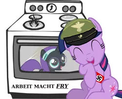 Size: 856x700 | Tagged: semi-grimdark, deleted from derpibooru, derpibooru import, twilight sparkle, oc, oc:nyx, alicorn, pony, unicorn, /mlp/, 4chan, alicorn oc, background pony strikes again, cooked alive, cooking, dude not funny, edgy, female, filly, gas, german, grimderp, hat, mare, nazi, nyxabuse, op is going to hell, oven, peaked cap, pony as food, pun, swastika, we are going to hell