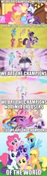 Size: 960x3528 | Tagged: safe, derpibooru import, applejack, fluttershy, pinkie pie, rainbow dash, rarity, twilight sparkle, twilight sparkle (alicorn), alicorn, pony, elements of harmony, female, image macro, mane six, mane six opening poses, mare, meme, queen (band), rainbow power, song reference, the elements in action, we are the champions