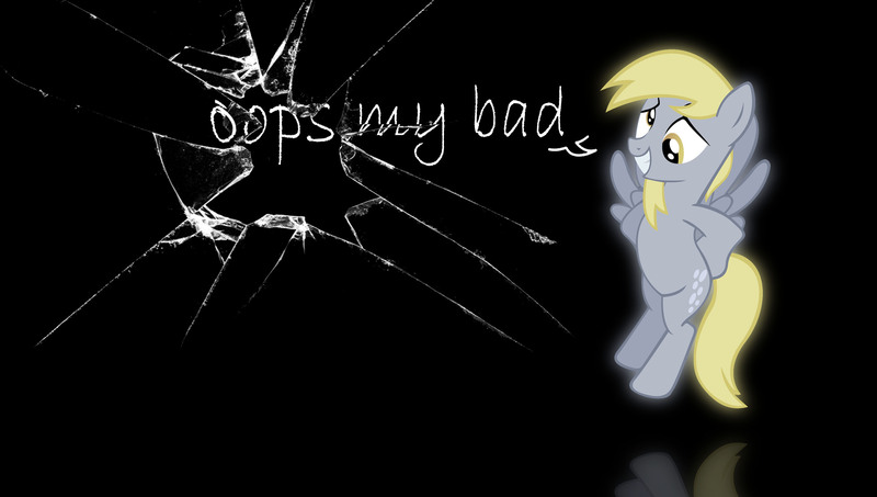 Size: 3000x1700 | Tagged: safe, artist:chaz1029, artist:nanolotl, derpibooru import, derpy hooves, pegasus, pony, broken glass, female, fourth wall destruction, hole, mare, quote, reflection, solo, vector, wallpaper