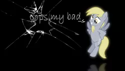 Size: 3000x1700 | Tagged: safe, artist:chaz1029, artist:nanolotl, derpibooru import, derpy hooves, pegasus, pony, broken glass, female, fourth wall destruction, hole, mare, quote, reflection, solo, vector, wallpaper