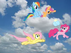 Size: 1024x768 | Tagged: artist:afkrobot, artist:blindcavesalamander, artist:scritchy, artist:sux2suk59, balloon, cloud, derpibooru import, fluttershy, flying, irl, photo, pinkie being pinkie, pinkie physics, pinkie pie, ponies in real life, rainbow dash, safe, scootaloo, then watch her balloons lift her up to the sky, vector