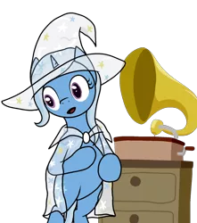 Size: 1280x1451 | Tagged: safe, artist:manateemckenzie, derpibooru import, trixie, pony, american psycho, bipedal, cape, check em, clear cape, clear hat, clothes, gramophone, hat, parody, patrick bateman, raincoat, solo, trixie's cape, trixie's hat, vector