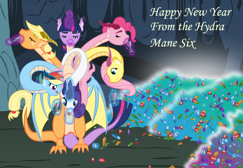 Size: 1280x886 | Tagged: applejack, artist needed, ask hydra mane 6, conjoined, derpibooru import, fluttershy, happy new year, hilarious in hindsight, holiday, hydra, hydrafied, hydra pony, mane six, mane six hydra, multiple heads, new year, pinkie pie, rainbow dash, rarity, safe, six heads, species swap, twilight sparkle