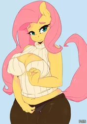 Size: 1000x1414 | Tagged: adorasexy, anthro, artist:pijinpyon, belly button, big breasts, blue background, blushing, boob window, breasts, busty fluttershy, cleavage, clothes, cute, derpibooru import, female, fluttershy, keyhole turtleneck, looking at you, midriff, open-chest sweater, panties, polka dot underwear, see-through, sexy, short shirt, simple background, sleeveless sweater, solo, solo female, suggestive, sweater, sweatershy, turtleneck, underwear, vacuum sealed clothing, white underwear, yoga pants