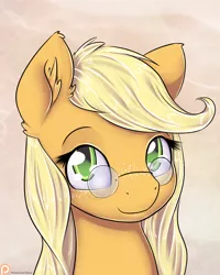 Size: 800x1000 | Tagged: applejack, artist:alasou, bust, cute, derpibooru import, freckles, glasses, jackabetes, looking at you, patreon, patreon logo, portrait, safe, smiling, solo