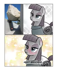 Size: 664x833 | Tagged: safe, artist:pencils, derpibooru import, edit, maud pie, earth pony, pony, blushing, comic, exploitable meme, heavy breathing, lacma, levitated mass, maud spies something hard, meme, photo, rock, solo