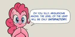 Size: 650x326 | Tagged: suggestive, artist:pencils, derpibooru import, pinkie pie, earth pony, pony, dialogue, female, implied anon, looking at you, mare, solo, solo female