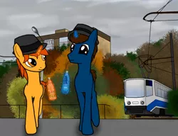 Size: 1170x900 | Tagged: safe, artist:subway777, derpibooru import, oc, unofficial characters only, pony, unicorn, autumn, food, hat, russia, soda, tram