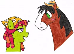 Size: 609x444 | Tagged: safe, artist:magicgirl88, derpibooru import, tree hugger, trouble shoes, earth pony, pony, blush sticker, blushing, bust, female, height difference, image, jpeg, male, mare, shipping, stallion, straight, traditional art, troublehugger