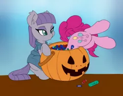 Size: 1500x1171 | Tagged: safe, artist:dfectivedvice, artist:dragonfoorm, derpibooru import, maud pie, pinkie pie, pony, bucket, candy, cute, diapinkes, food, jack-o-lantern, maudabetes, nightmare night, pouting, pumpkin, pumpkin bucket, silly, silly pony