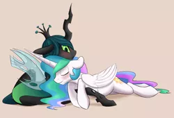 Size: 1280x868 | Tagged: alicorn, artist:leatherbiscuit, blushing, changeling, changeling queen, chryslestia, commission, cuddling, cute, cutealis, cutelestia, derpibooru import, eyes closed, female, floppy ears, lesbian, missing accessory, princess celestia, prone, queen chrysalis, safe, shipping, smiling, snuggling, wide eyes