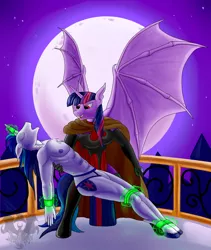 Size: 1192x1413 | Tagged: grimdark, suggestive, artist:quakehoof, derpibooru import, shining armor, twilight sparkle, anthro, bat pony, unguligrade anthro, series:elements of nightfall, abs, balcony, bare chest, bat wings, blood, bondage, briefs, cloak, clothes, fangs, femdom, gloves, horn ring, kidnapped, knee tied, magic suppression, moon, muscles, nipples, shiningsub, story included, thigh boots, topless, unconscious, underwear, wings