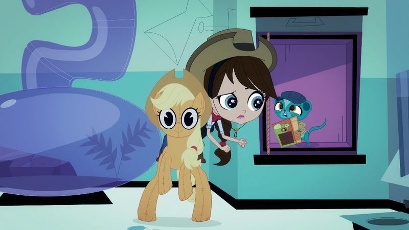 Size: 997x561 | Tagged: applejack, blythe baxter, cameo, crossover, derpibooru import, littlest pet shop, safe, screencap, sunil nevla, voice actor joke