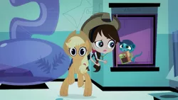 Size: 997x561 | Tagged: applejack, blythe baxter, cameo, crossover, derpibooru import, littlest pet shop, safe, screencap, sunil nevla, voice actor joke