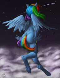 Size: 1542x2000 | Tagged: anthro, artist:glacierclear, artist:kelpiemoonknives, ass, back, casual nudity, cloud, collaboration, colored, derpibooru import, female, flying, meteor, night, nudity, rainbow dash, shooting star, sky, solo, solo female, stars, suggestive, underhoof, unguligrade anthro