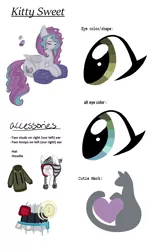 Size: 1252x1984 | Tagged: safe, artist:hippykat13, derpibooru import, oc, oc:kitty sweet, unofficial characters only, pegasus, pony, alternate hairstyle, clothes, ear piercing, earring, hat, hoodie, jewelry, long hair, piercing, ponysona, prone, reference sheet, solo