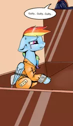 Size: 600x1024 | Tagged: artist:161141, bound wings, chains, clothes, court, courtroom, crying, cuffs, derpibooru import, guilty, judge, judgement, prisoner, prisoner rd, prison outfit, rainbow dash, sad, safe, shackles