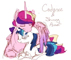 Size: 1280x1085 | Tagged: artist:nobody, cuddling, derpibooru import, female, gleaming cadance, gleaming shield, half r63 shipping, hug, lesbian, male, princess cadance, rule 63, safe, shining armor, shiningcadance, shipping, sketch, snuggling, straight, winghug