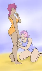 Size: 858x1440 | Tagged: artist:eve-ashgrove, ass, barefoot, breasts, busty scootaloo, busty sweetie belle, cleavage, clothes, derpibooru import, feet, female, food, human, humanized, lesbian, misleading thumbnail, older, one-piece swimsuit, popsicle, scootabelle, scootaloo, shipping, suggestive, sweetie belle, swimsuit