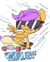 Size: 780x964 | Tagged: artist:nobody, derpibooru import, lip bite, radical, safe, scootaloo, skateboard, sketch, solo, sunglasses