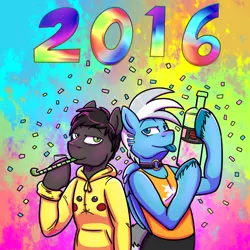 Size: 720x720 | Tagged: alcohol, artist:deyogee, clothes, collar, derpibooru import, food, happy new year 2016, implied shipping, oc, oc:deyogee, oc:suturmon, pikachu, pokémon, safe, unofficial characters only, unshorn fetlocks