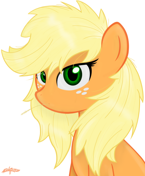 Size: 2473x3000 | Tagged: alternate hairstyle, applejack, artist:godoffury, blonde, derpibooru import, looking at you, loose hair, missing accessory, safe, solo, straw, upset