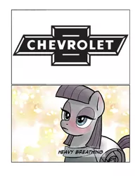 Size: 664x833 | Tagged: artist:pencils, blushing, bowtie, chevrolet, derpibooru import, exploitable meme, heavy breathing, maud pie, maud spies something hard, meme, safe, solo