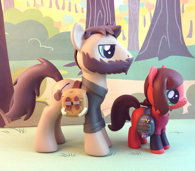 Size: 1085x950 | Tagged: artist:krowzivitch, beard, clothes, craft, crossover, derpibooru import, duo, ellie, figurine, filly, joel, photo, ponified, saddle bag, safe, sculpture, the last of us, traditional art, video game, video game crossover