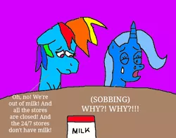 Size: 664x520 | Tagged: safe, artist:mjeddy, derpibooru import, rainbow dash, trixie, pony, unicorn, 1000 hours in ms paint, crying, female, mare, milk, ms paint