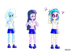 Size: 2330x1660 | Tagged: safe, artist:dieart77, derpibooru import, trixie, twilight sparkle, vinyl scratch, equestria girls, belly button, clothes, gym uniform, headphones, midriff, music notes, shirt, shirt lift, shoes, simple background, sneakers, transparent background