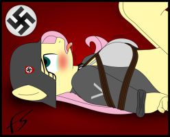 Size: 248x200 | Tagged: anthro, artist:facelesssoles, better version at source, blushing, bondage, bottomless, bra, breasts, clothes, derpibooru import, flutternazi, fluttershy, helmet, nazi, picture for breezies, suggestive, underwear