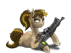 Size: 1032x774 | Tagged: artist:slouping, assault rifle, both cutie marks, derpibooru import, fallout, fallout 4, fallout equestria, gift art, gun, looking back, oc, pipbuck, plot, plump, ponytail, prone, rifle, safe, shadow, simple background, solo, the ass was fat, unofficial characters only, weapon