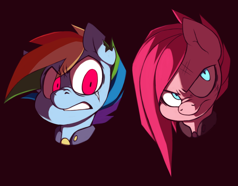 Size: 1037x811 | Tagged: alternate timeline, angry, apinkalypse pie, apocalypse dash, artist:kelcasual, crystal war timeline, derpibooru import, pinkamena diane pie, pinkie pie, rainbow dash, safe, scar, simple background, the cutie re-mark