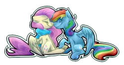 Size: 846x446 | Tagged: artist:mcwolfity, boop, clothes, derpibooru import, duo, eyes closed, fluttershy, noseboop, nose wrinkle, not shipping, profile, rainbow dash, safe, scarf, sitting