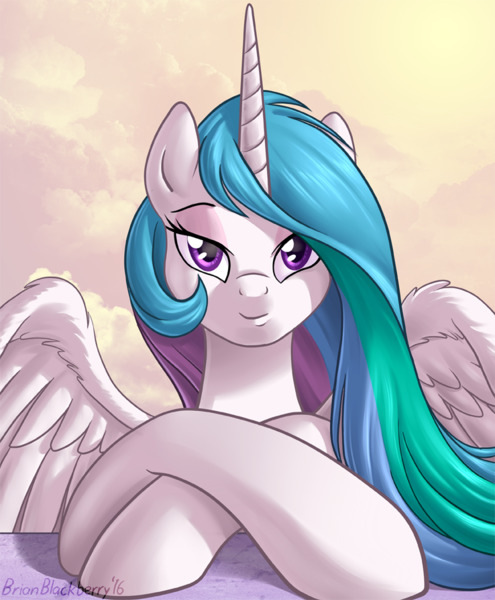 Size: 738x895 | Tagged: safe, artist:brianblackberry, derpibooru import, princess celestia, alicorn, pony, bedroom eyes, crossed hooves, cute, cutelestia, female, looking at you, mare, prone, smiling, solo