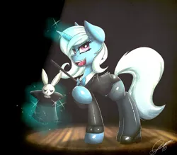 Size: 1252x1096 | Tagged: safe, artist:gamermac, derpibooru import, angel bunny, trixie, pony, unicorn, bunny out of the hat, clothes, female, hat, magic, magic trick, mare, solo, spotlight, suit, telekinesis, top hat, wand