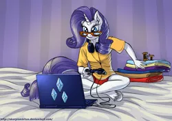 Size: 1915x1355 | Tagged: anthro, artist:skorpionletun, bed, computer, controller, crossed legs, derpibooru import, fabric, gamer, glasses, headphones, laptop computer, rarity, safe, solo, unguligrade anthro, unshorn fetlocks, video game