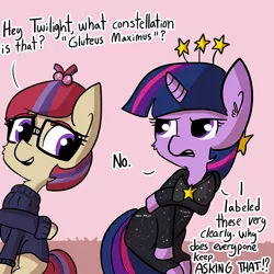 Size: 916x916 | Tagged: safe, artist:tjpones, derpibooru import, moondancer, twilight sparkle, pony, unicorn, butt joke, clothes, constellation, costume, cute, dancerbetes, dialogue, duo, female, glasses, mare, missing horn, oblivious, open mouth, sweater, twiabetes, twilight is not amused, unamused