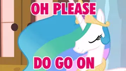 Size: 960x540 | Tagged: safe, derpibooru import, screencap, princess celestia, alicorn, pony, content celestia, female, go on, image macro, mare, meme, pink text, solo