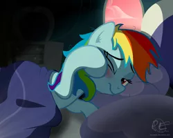 Size: 2000x1600 | Tagged: safe, artist:ponyecho, derpibooru import, part of a set, rainbow dash, pony, bed, bed hair, bedroom, cute, female, laying on bed, mare, messy mane, morning ponies, one eye closed, pillow, ponyecho is trying to murder us, show accurate, sleepy, solo, sunrise