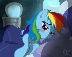 Size: 2000x1600 | Tagged: safe, artist:ponyecho, derpibooru import, part of a set, rainbow dash, pony, bed hair, bedroom, blushing, cute, dashabetes, female, looking at you, mare, messy mane, morning ponies, offscreen character, ponyecho is trying to murder us, pov, show accurate, solo
