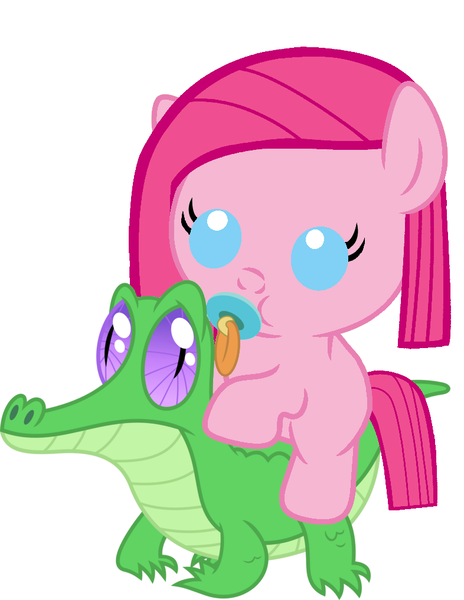 Size: 786x1017 | Tagged: safe, artist:red4567, derpibooru import, gummy, pinkie pie, pony, baby, baby pie, baby pony, cute, cuteamena, pacifier, pinkamena diane pie, ponies riding gators, recolor, riding, weapons-grade cute